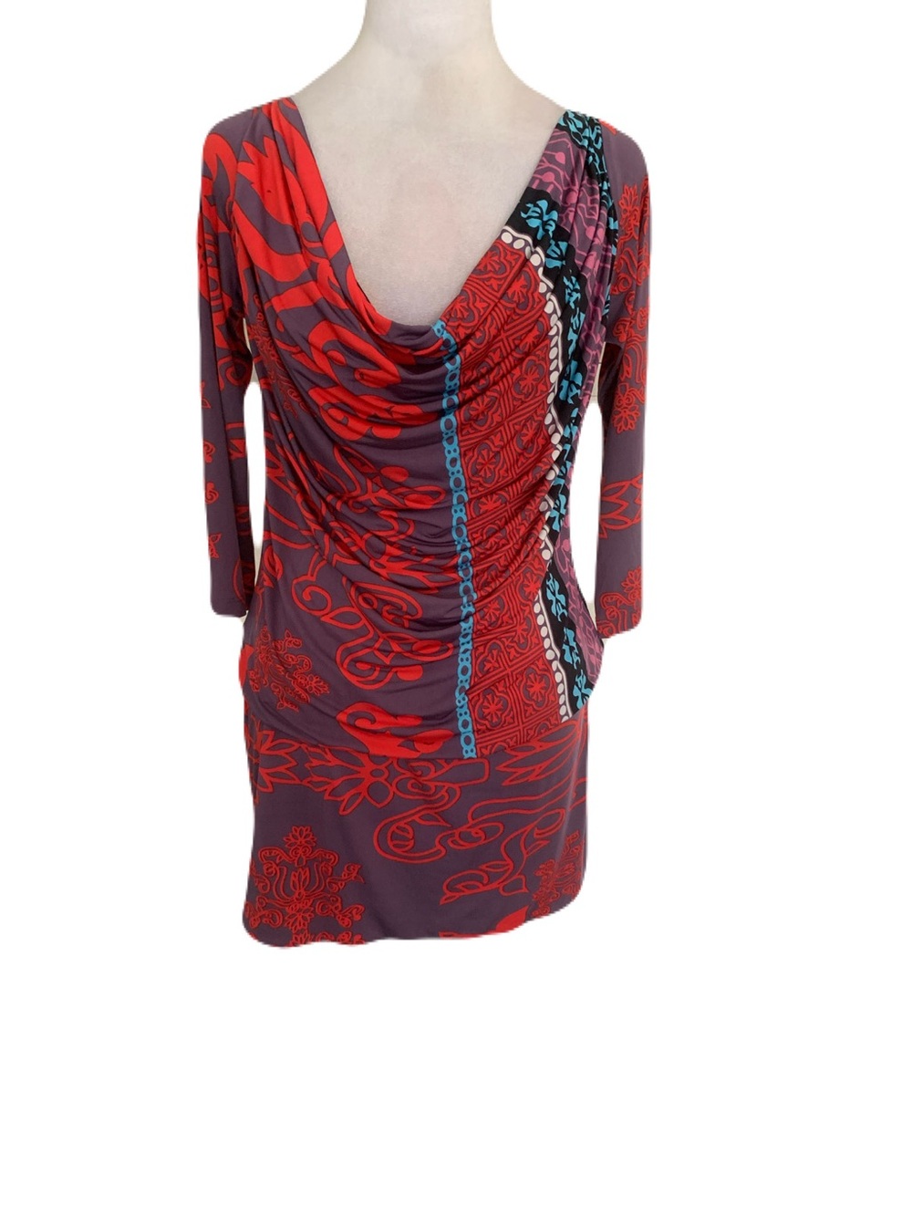 Analili Multicolor Red & Purple Small Draped Cowl Neck Longer Sleeve Mini Dress
